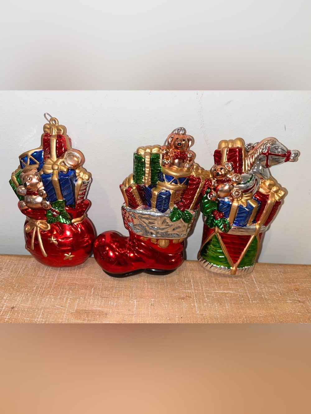 Holiday Glass Ornament Set - Red, Gold & Green Christmas Stocking and Drum 6.5”